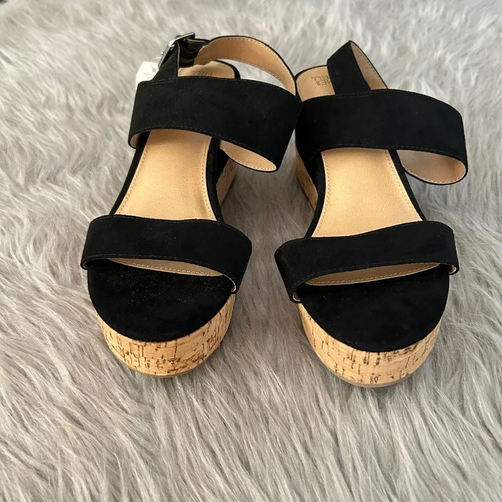 Time And Tru Wedge Sandals Womens Size 9 Black Heeled Sandals Open Toe Shoes